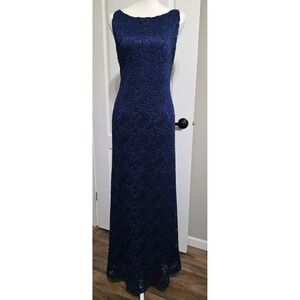 Teddi Evening Gown Women 12 Navy Blue Sequin Lace Maxi Formal Dress MOB MOG